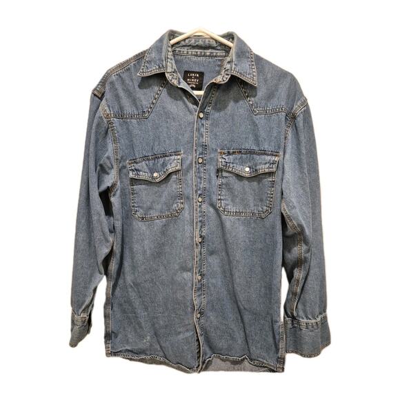 Lakin McKey Denim Western Shirt Pearl Snaps Men Medium Cotton Long Sleeves - Picture 10 of 10